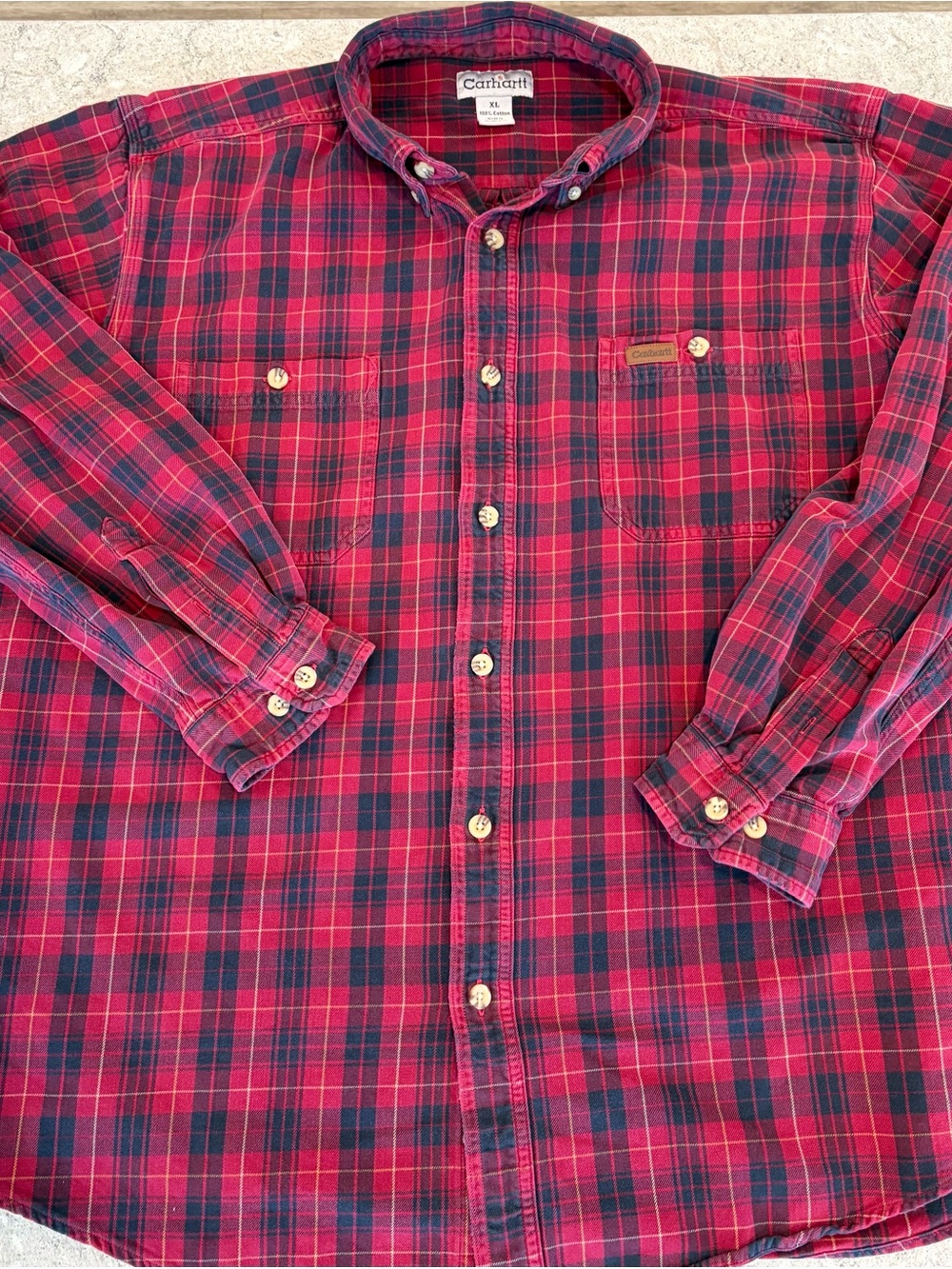 Carhartt Men’s Red and Navy Plaid Button-Down Leather Logo Shirt